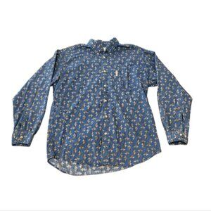 Columbia Men Large Blue Long Sleeve Fish Print Button Up Fisherman Cotton Shirt
